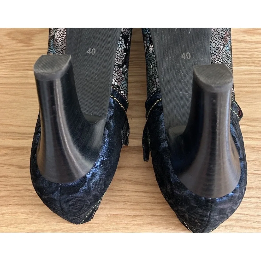 L’artiste Women's Black Floral T-Strap Heels with Metallic Accents